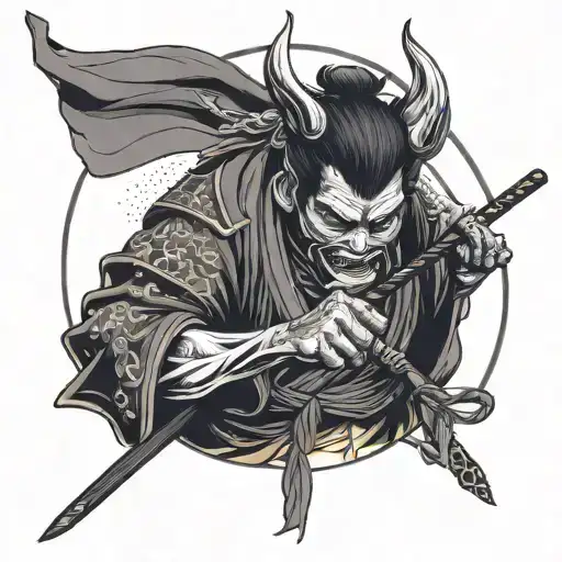 Samurai With Oni Mask Holding Bow