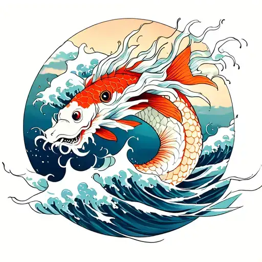 Japanese Fish In Waves This Transforming Into A Japanese Dragon In Clouds