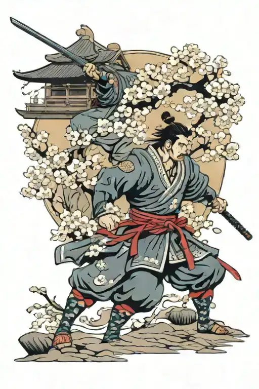 Cherry Blossom Tree In Background With Two Samurai Warrior Battling