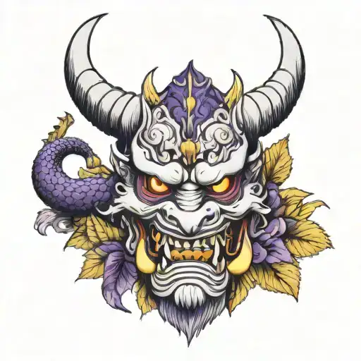 White Oni Mask Purple Snake Emerge Form Its Mouth And Yellow Leafs Around It
