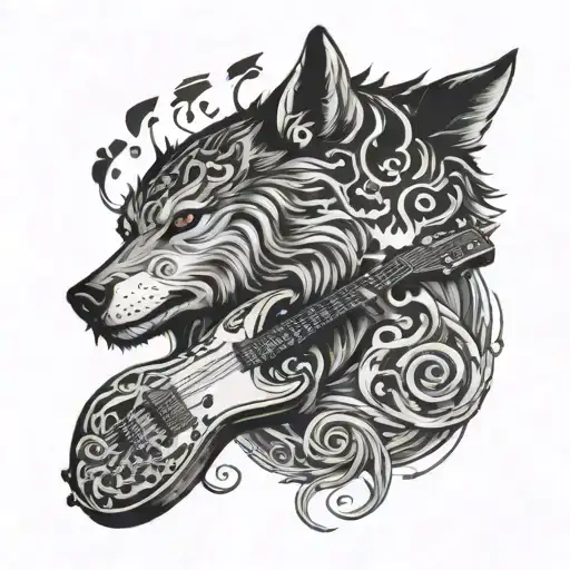 Guitar And Wolf And Music Note Intertwined