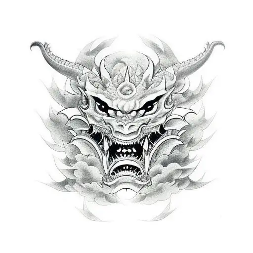 Hannya Mask Split In Half With Dragon Head On Other Side
