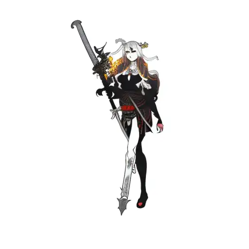 A Long White Haired Woman With A Greatsword Posed At Night Full Moon