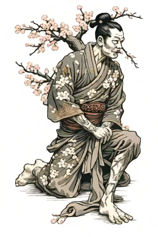 Samuri Kneeling At Cherry Blossom Tree