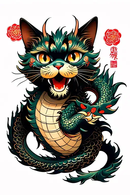 Japanese Traditional Dragon And Cat Twirled Together