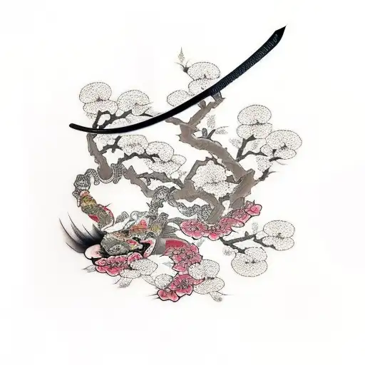 Katana Sword And Cherry Blossom
