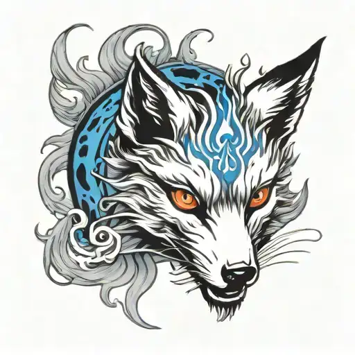 Black And White Nine Tailed Fox Surrounded By Blue Flames