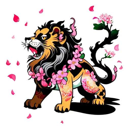 Shishi Lion With Cherry Blossom Petals