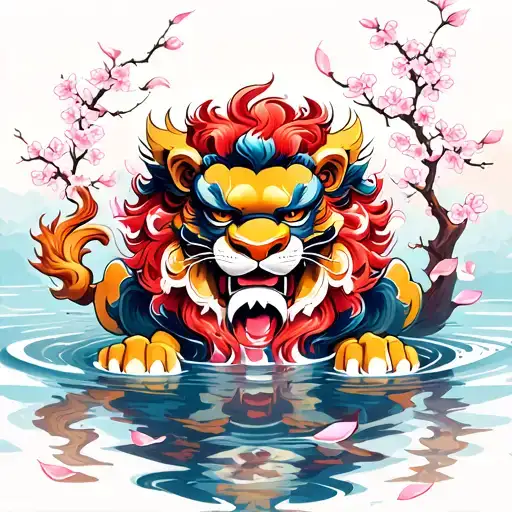 Shishi Lion With Cherry Blossom Petals Floating In Water
