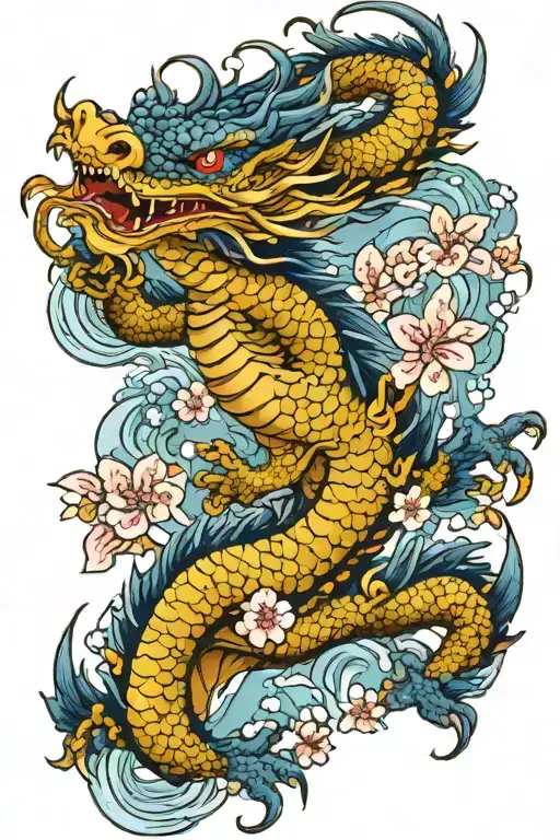 A Blue Dragon With Sakura Flowers And Water Around Him