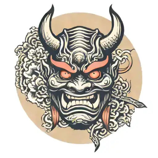 Oni Mask With Sword Through Middle Surrounded