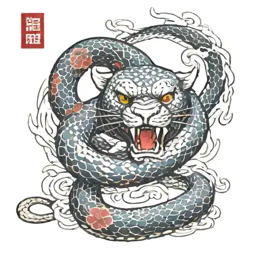 Panther Fighting Snake Intertwined