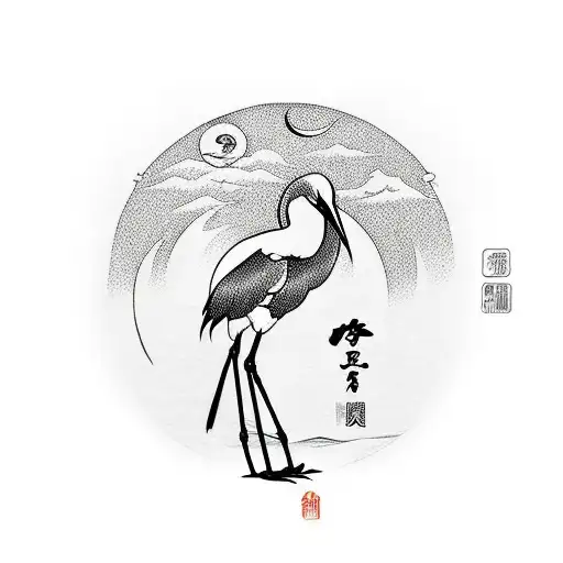 Crane With Sakura And Moon