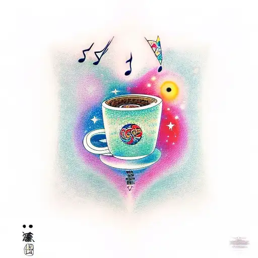 A Cosmic Coffee Cup With Musical Notes Swirling Around It