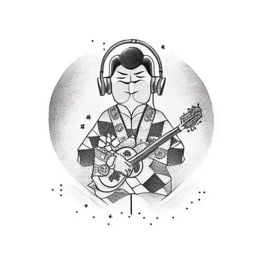 A Minimalist Tattoo Of A Valorant Agent Wearing Headphones And Holding A Guitar
