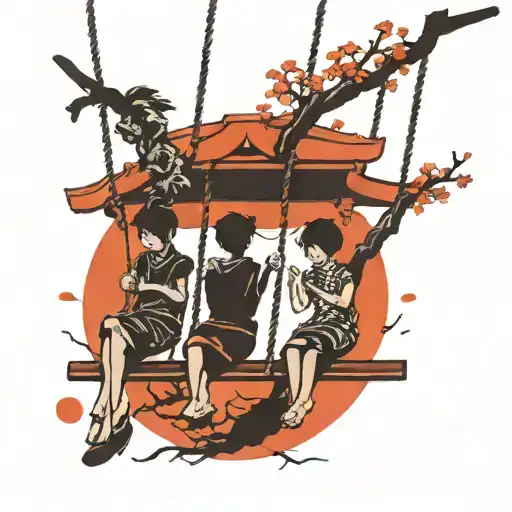 3 Silhouettes Of Children On A Swing Hanging
