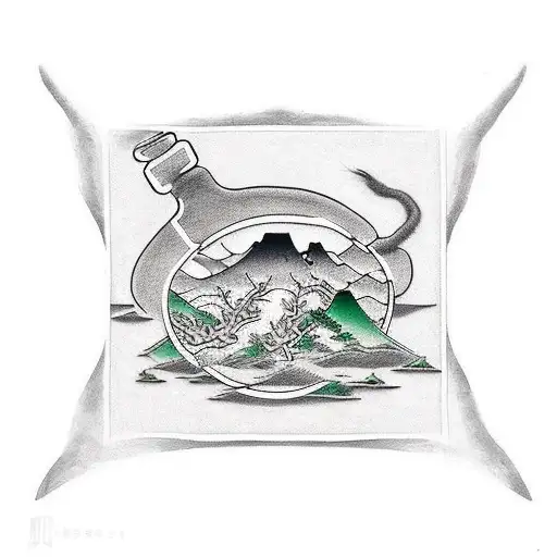 A Minimalist Tattoo Of A Chemical Flask Combined With A Serene Nature Scene