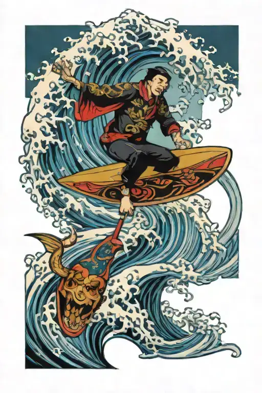 Giant Wave Surfer Riding Wave With Life And Death Moth With Skulls