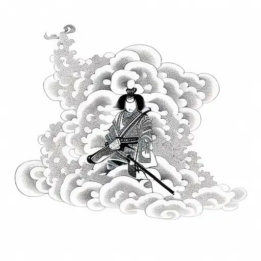 A Samurai Playing A Guitar On A Cloud