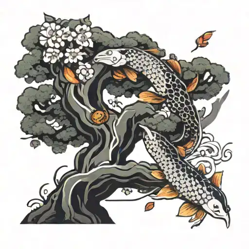 Cherry Tree Of Life With Yin And Yang Koi Fish At The Base Of The Tree