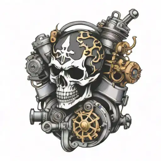 A Motorcycle Engine Intertwined With A Skull And Crossbones Design