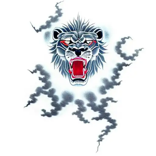Roaring Lion With Lightning And Clouds Around For A Full Chest Piece