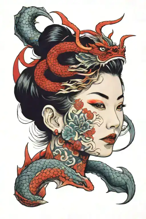 Head Of Girl With Red Dragon Around Her Face