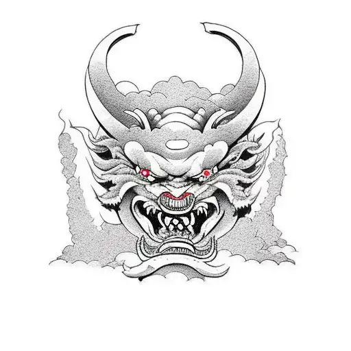 Japanese 100 Year Demon Face With Mountain In Background