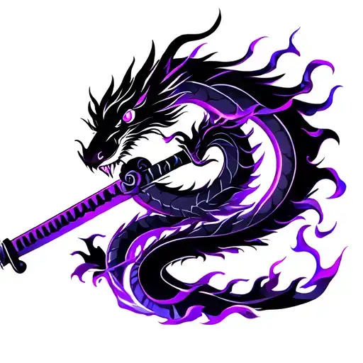 Black Dragon With Katana With Purple Flames