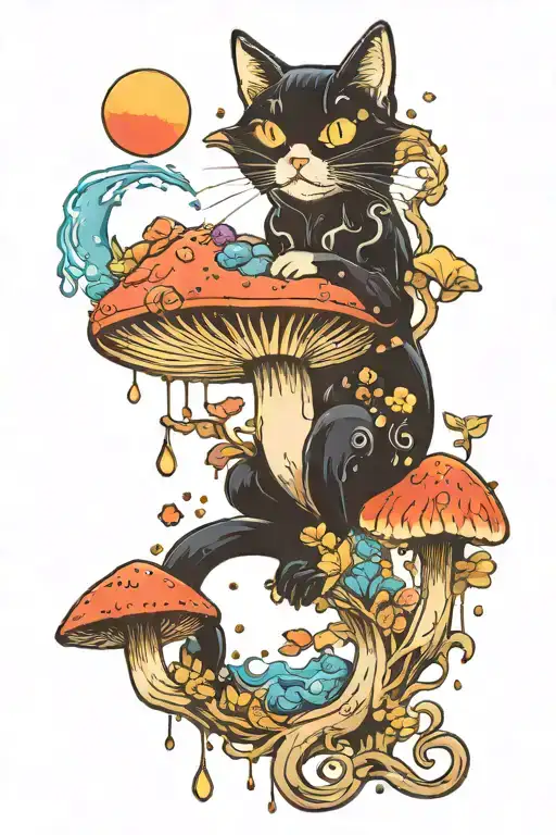Melting Colorful Mushroom Black Cat With Moon