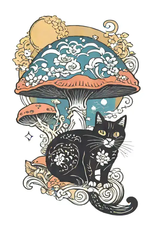 Colorful Mushroom Black Cat With Sun And Moon