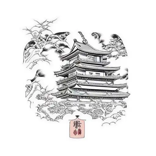 Japanese Lady In Color With Castle In Background That Is Black And White