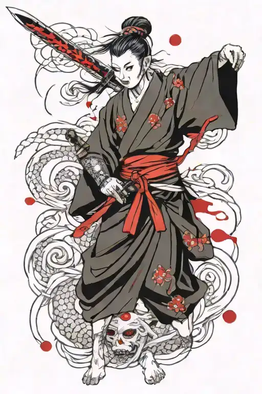 Samurail With Glowing Red Eyes And Holding A Bloody Sword