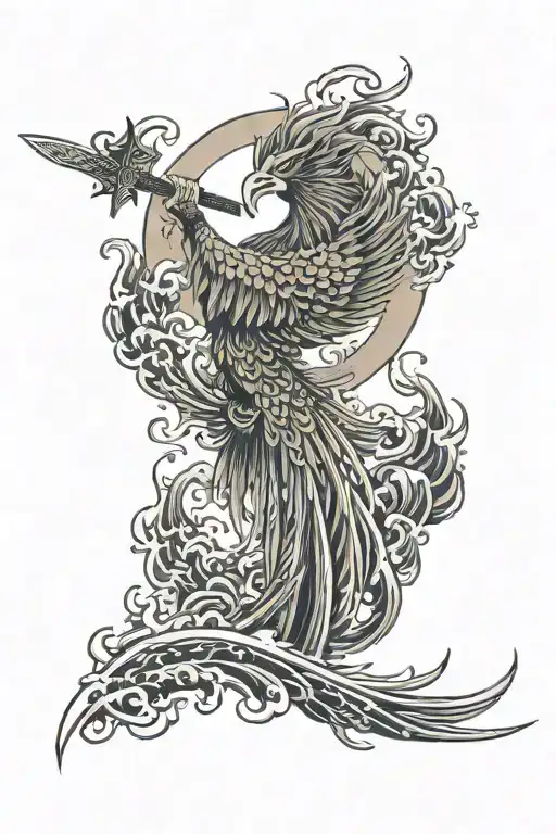 A Phoenix Holding A Sword And Heading Towards The Sun