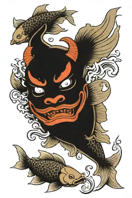Hannya Mask And Koi Fish Swimming Upstream