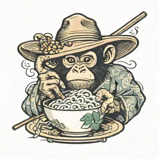 3 Eyes Monkey Wear Kimono Eating Ramen Bowl Wearing Straw Hat