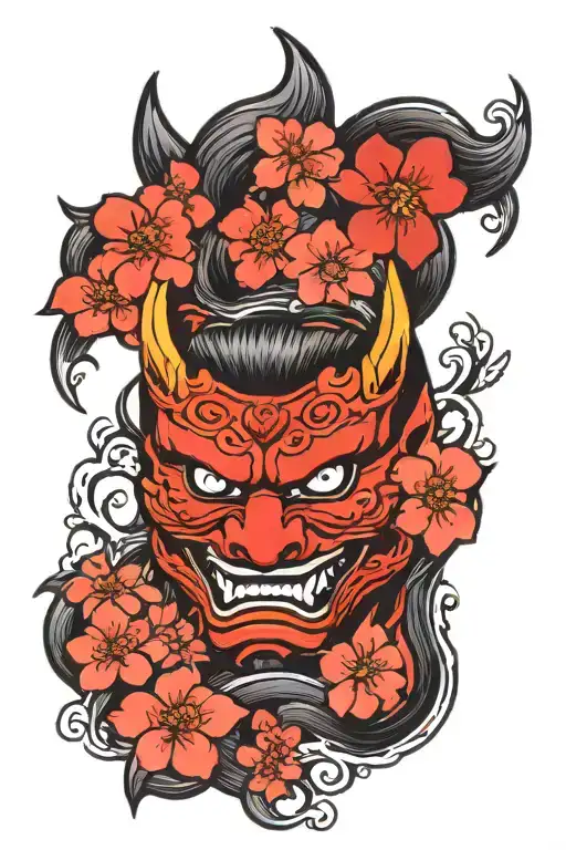 Oni Mask And Cherry Blossom Tree And Kitsune Mask