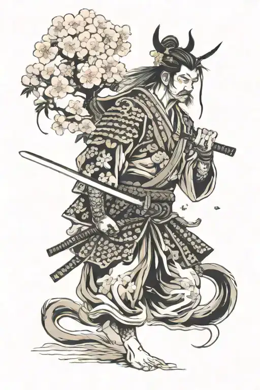 Samurai And Sakura Tree