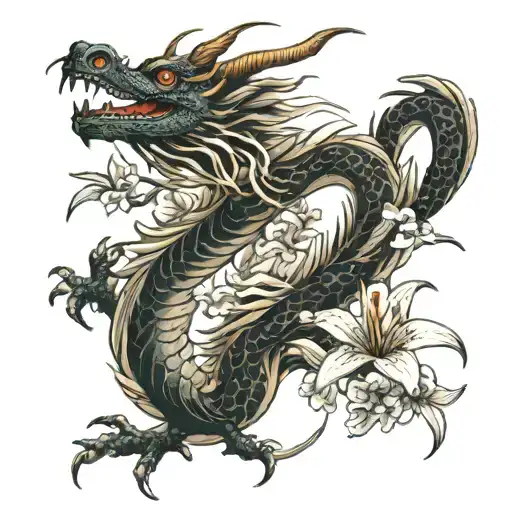 Dragon Flying And Lily Flowers