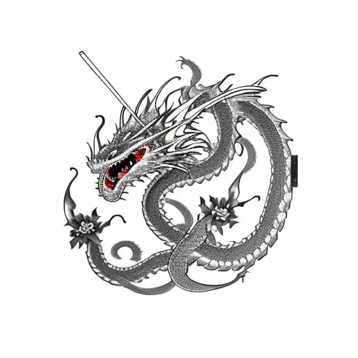 Dragon Wrapped Around Katana With Cherry Blooms