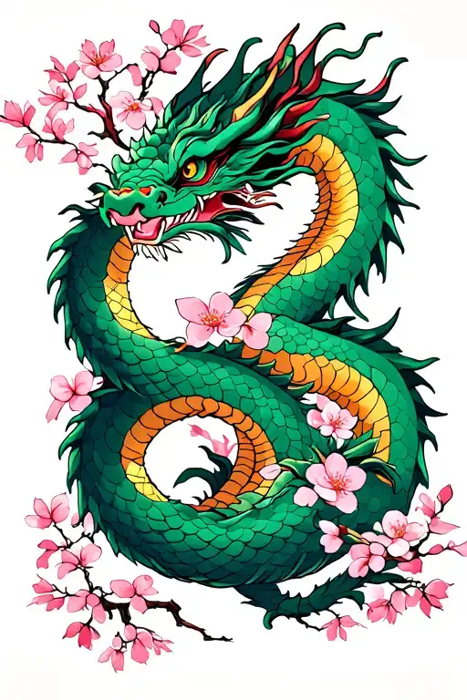 Green Japanese Dragon Wrapped Around A Cherry Blossom Tree