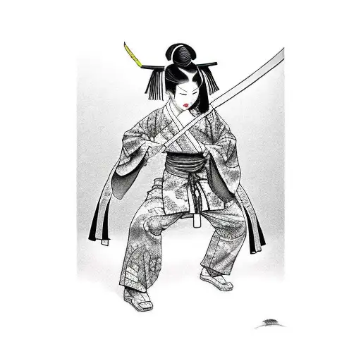 Geisha Holding A Katana In A Fighting Stance