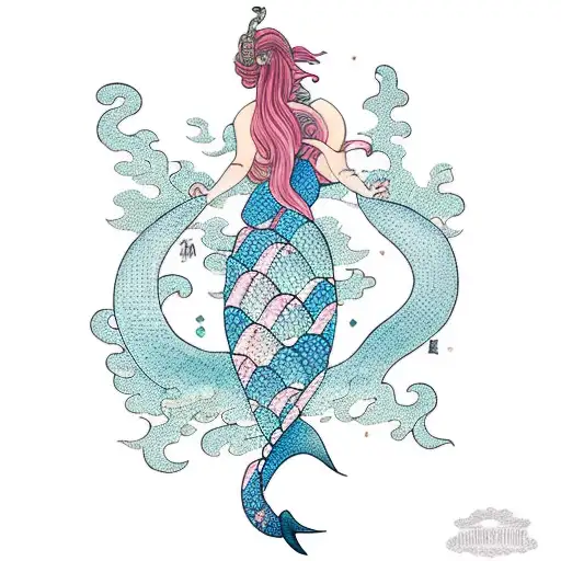 A Whimsical Illustration Of A Mermaid Riding A Giant Fish