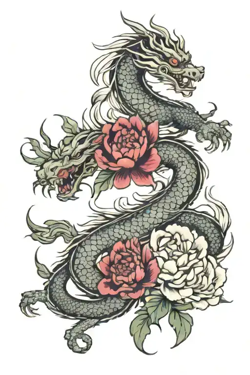 Dragon With Peonies With Traditional Style