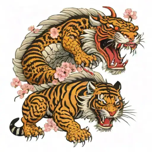A Japanese Dragon And Tiger Fight Each Other Under The Cherry Blossoms