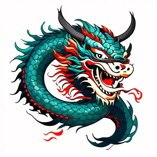 Samurai With Oni Mask Surrounded By A Japanese Dragon