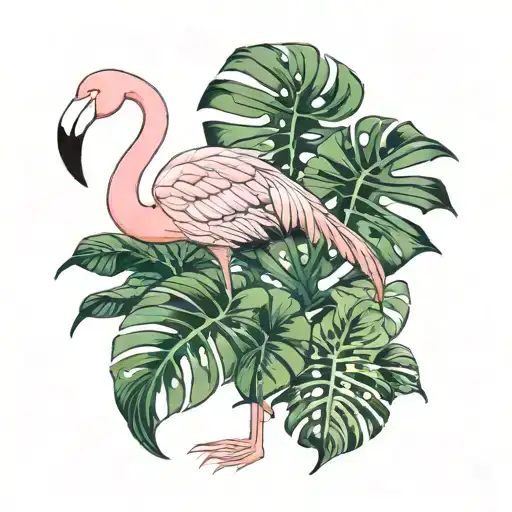 Flamingo With Monstera Leaves