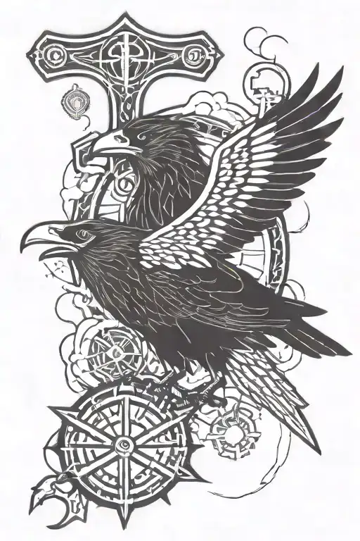 Vegvisir Against The Background Of A Crow With Mjolnir And Lightning