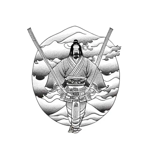 Silhouette Samurai In The Lake With Red Sun