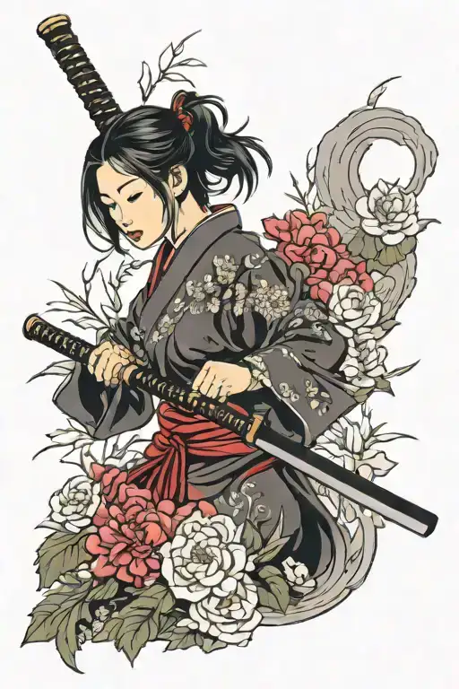 Asian Women With Katana Surrounded Flowers